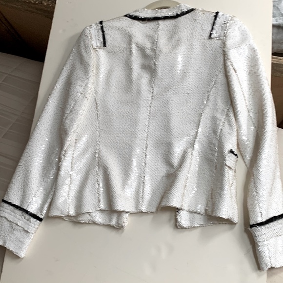 Stevie Mac 🖤🤍NYC Hand Made Couture Like White Sequin Blazer Black Fringe Trim - Picture 8 of 15